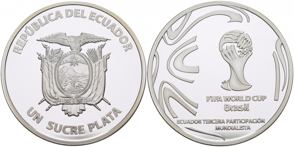 Эквадор 1 сукре 2014 чемпионат мира по футболу в Бразилии, кубок FIFA KM NEW серебро PROOF 01-148-33