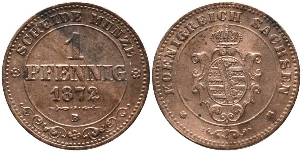САКСОНИЯ 1 ПФЕННИГ 1872 В, ЙОХАНН (1854-1873) KM 1216 медь 116-658