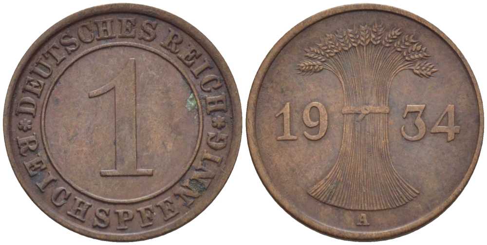 ГЕРМАНИЯ 1 РЕЙХСПФЕННИГ 1934 A KM 37, J. 313, Weege 2 бронза 211-127