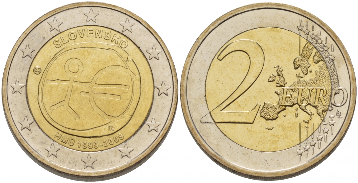 Словакия 2 евро 2009 10 лет монетарной политики ЕС (EMU) и введения евро KM 107 биметалл UNC 1094-6-54