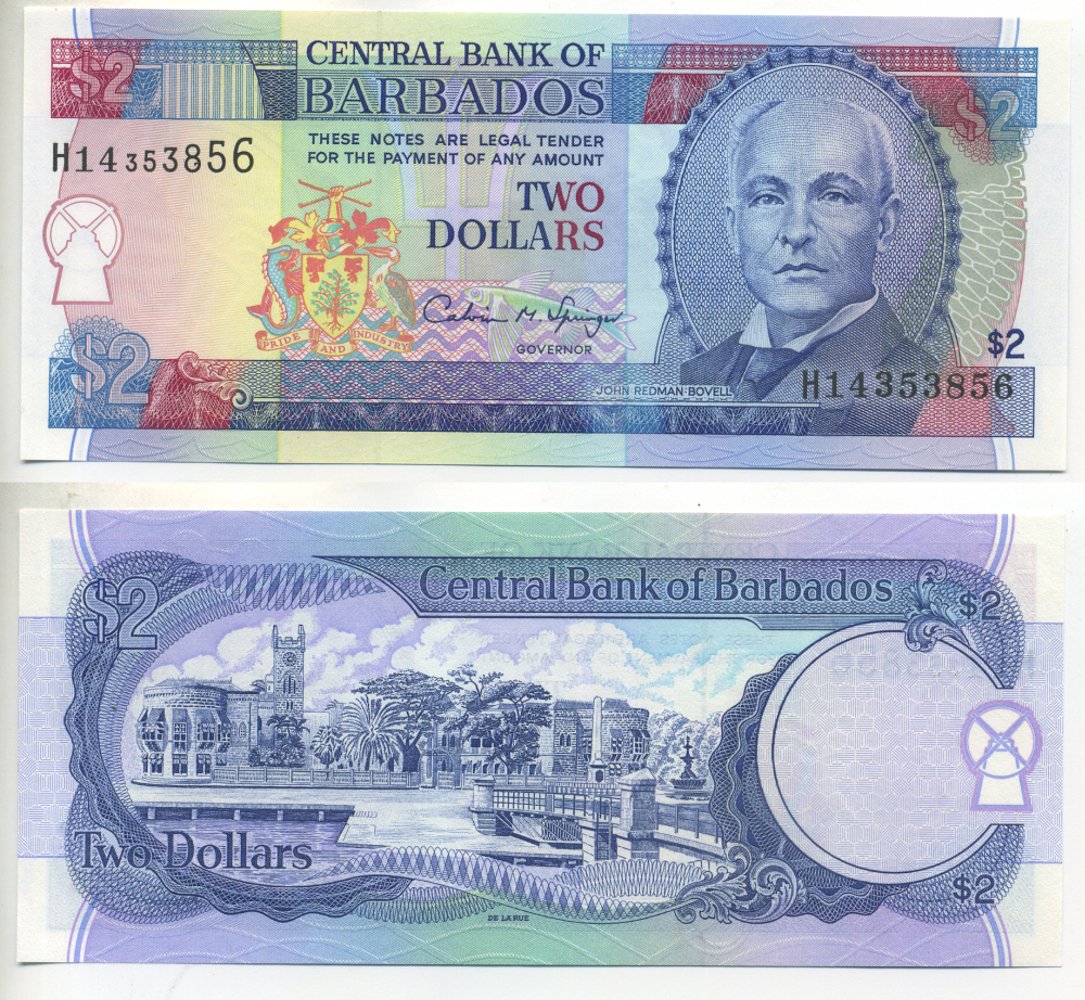 БАРБАДОС 2 ДОЛЛАРА 1995 ДЖОН РЕДМАН БОВЕЛЛ, ТРАФАЛЬГАРСКАЯ ПЛОЩАДЬ В БРИДЖТОУНЕ, ПОДПИСЬ SPRINGER Pick 46 бумага UNC (ПРЕСС) 7457-16-1