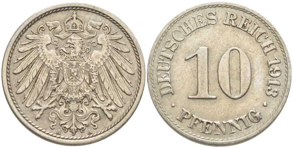 Германия 10 пфеннигов 1913 J KM 12, Jager 13, Weege 8 медно-никель 210-713