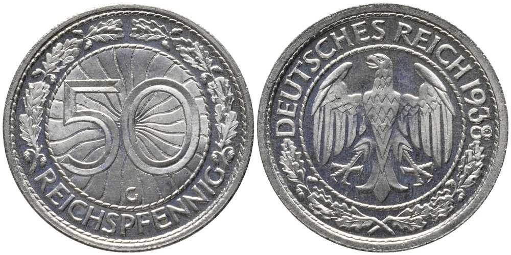 Германия 50 рейхспфеннигов 1938 G J. 324, KM 49 никель PROOF 10-016-31