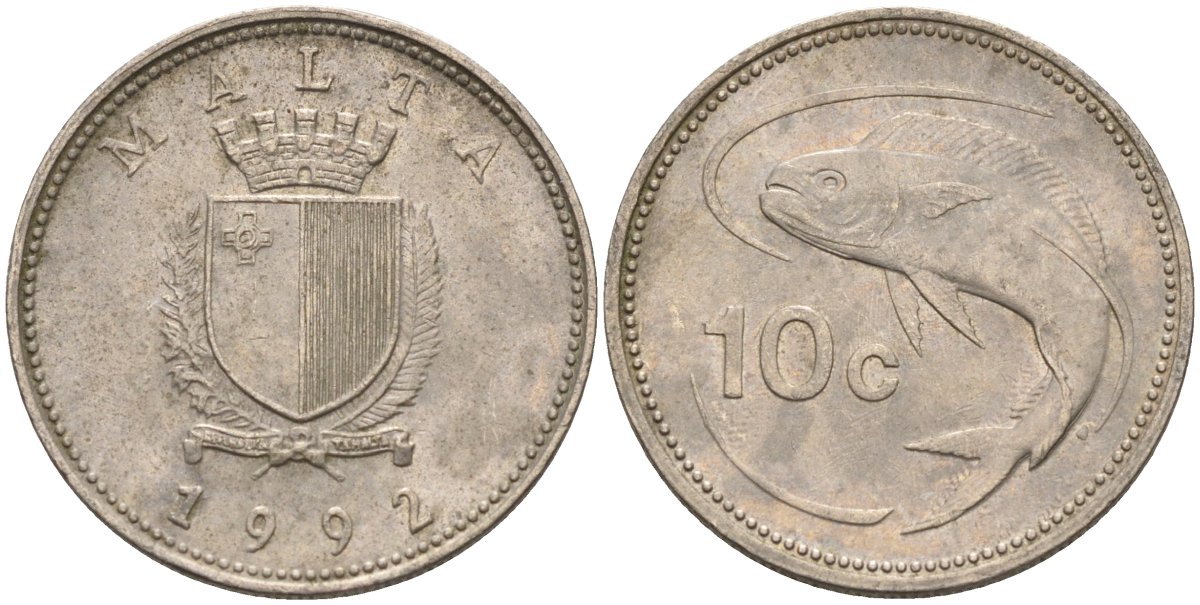 Мальта 10 центов 1992 золотая макрель KM 96 медно-никель 4588-238