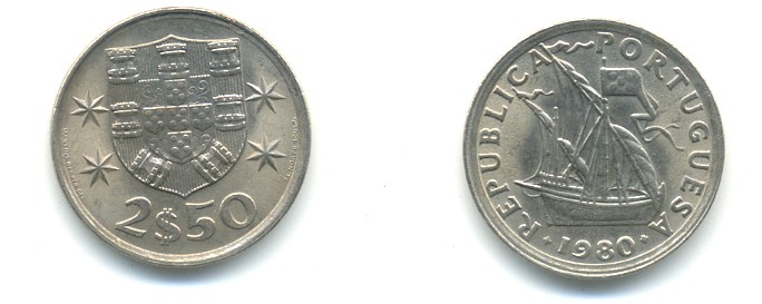 Португалия 2,5 эскудо 1980 парусник KM 590 медно-никель 176-155