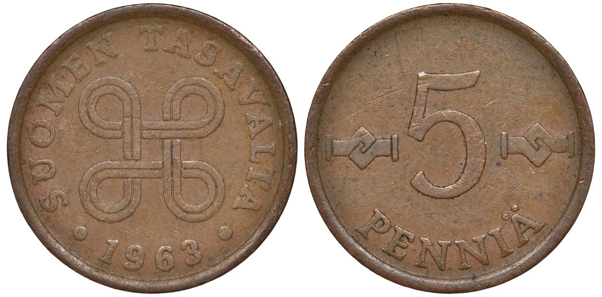 Финляндия 5 пенни 1963 KM 45 медь 4173-659