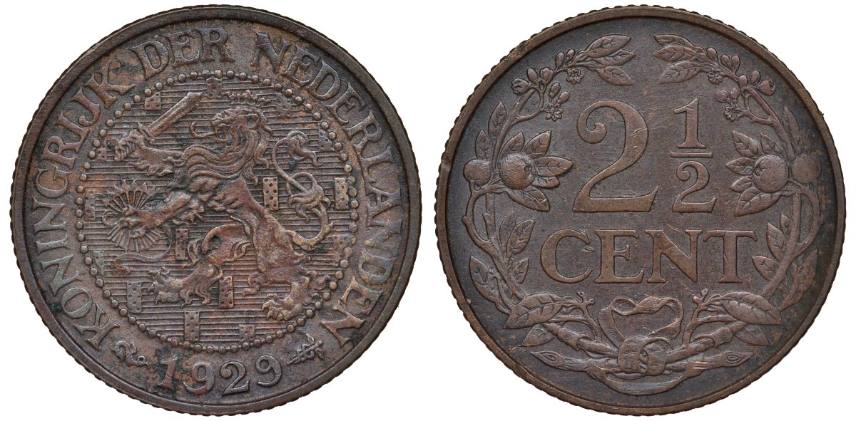 НИДЕРЛАНДЫ 2 1/2 ЦЕНТА 1929 KM 150 бронза 72-337