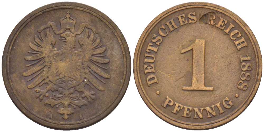 ГЕРМАНИЯ 1 ПФЕННИГ 1888 A, СТАРОГЕРБОВКА KM 1, J. 1, Weege 1 медь 206-1256