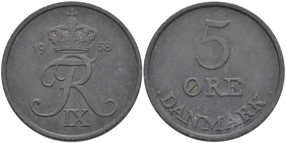 ДАНИЯ 5 ЭРЕ 1958 C; S, ФРЕДЕРИК IX (1947-1972) KM 843.2 цинк 38-414