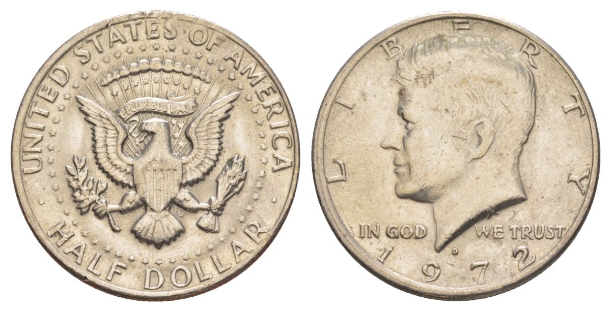 США 1/2 доллара (50 центов) 1972 D, Джон Кеннеди KM 202b медь плакированная медно-никелем aUNC 3855-1126