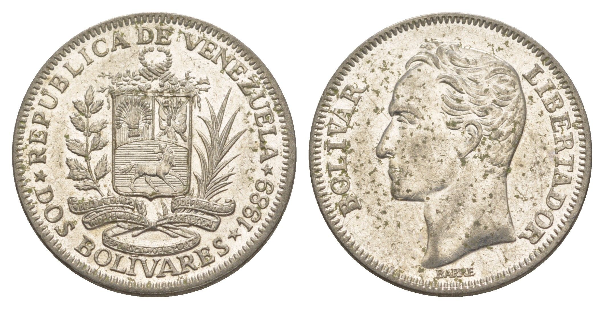 Венесуэла 2 боливара 1989 Симон Боливар Y 43a сталь плакированная никелем 4590-1033