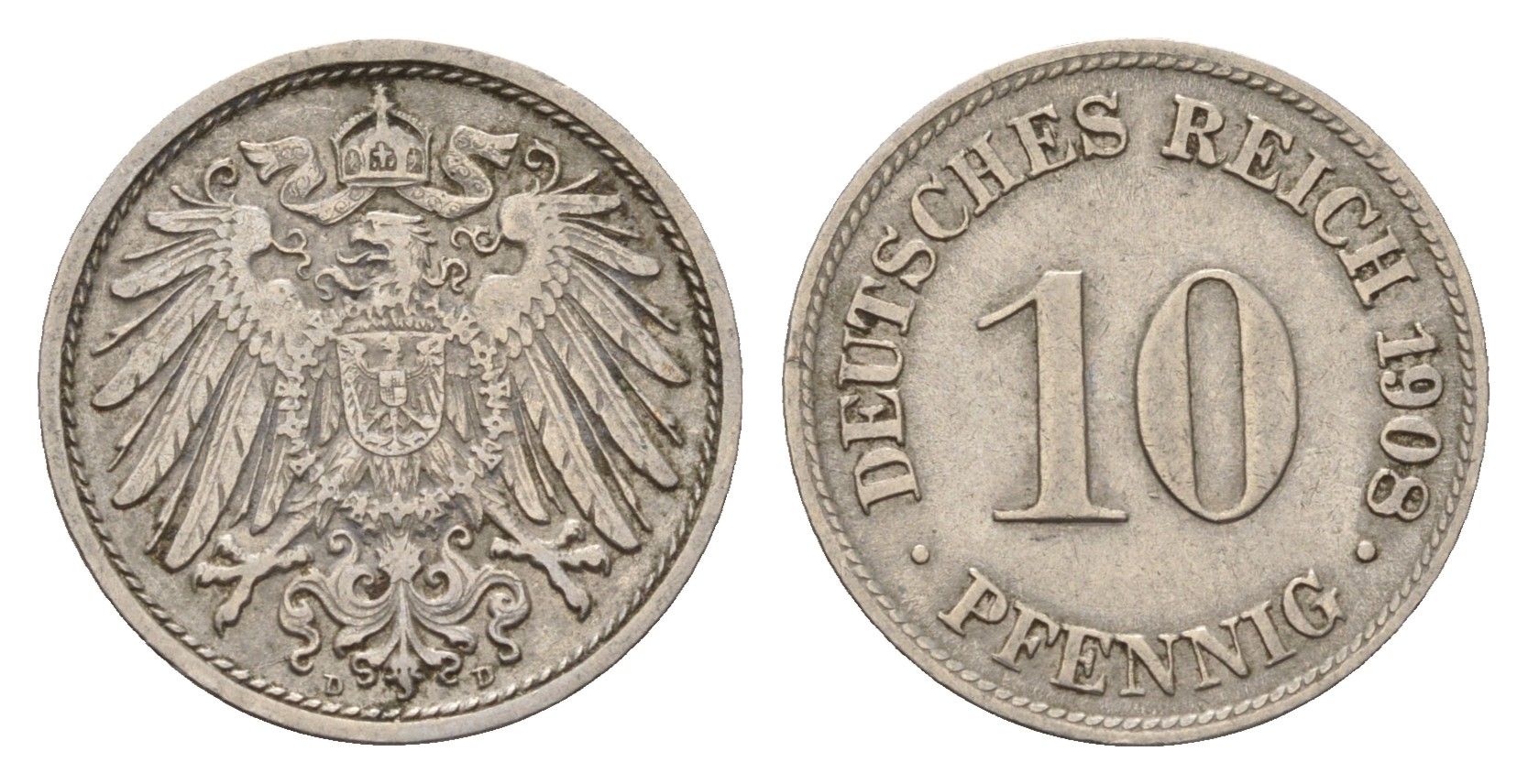 Германия 10 пфеннигов 1908 D, Вильгельм II (1888-1918) KM 12, J. 13 медно-никель 4636-911