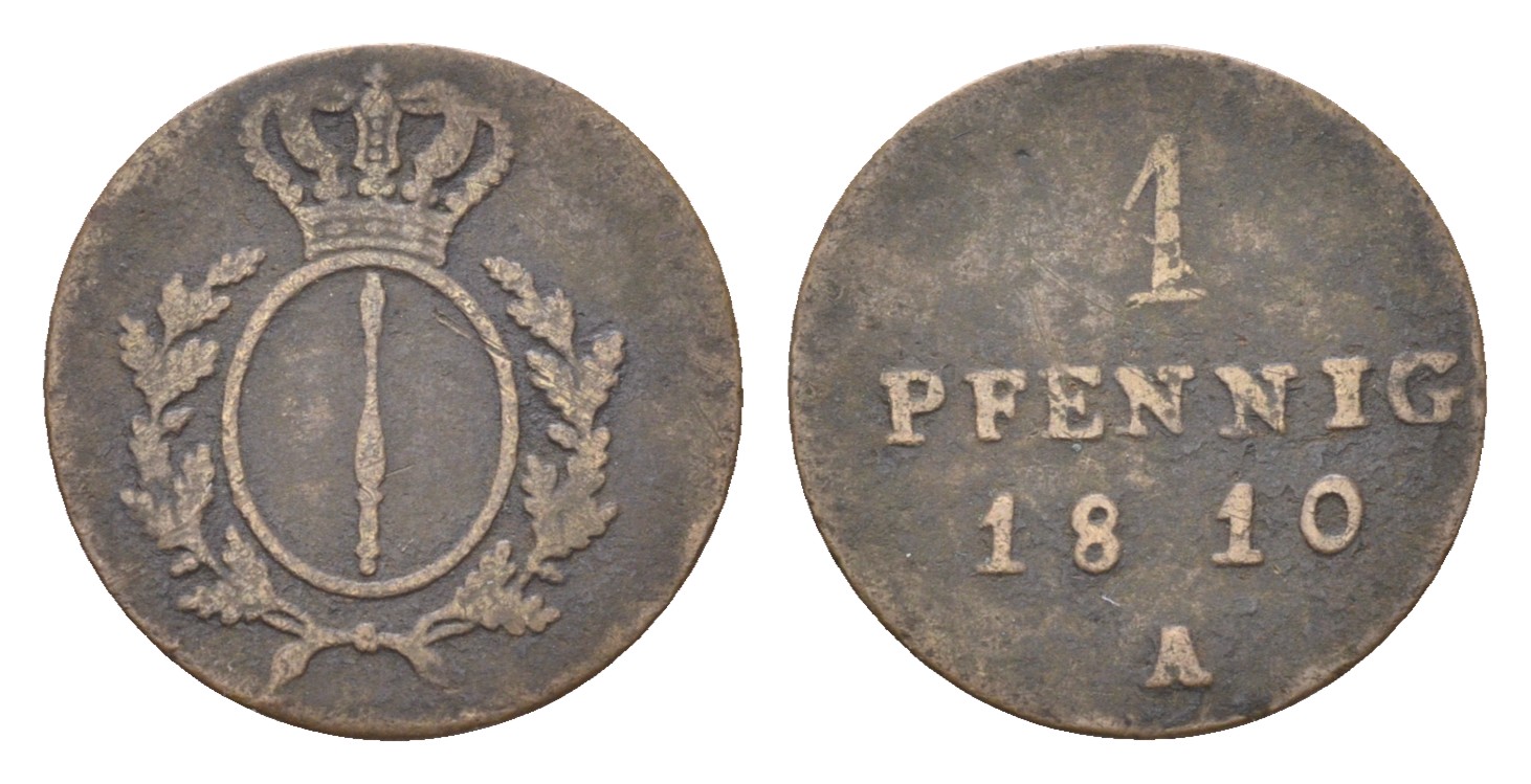 Пруссия 1 пфенниг 1810 A, Фридрих Вильгельм III (1797-1840) KM 390 медь 4655-649