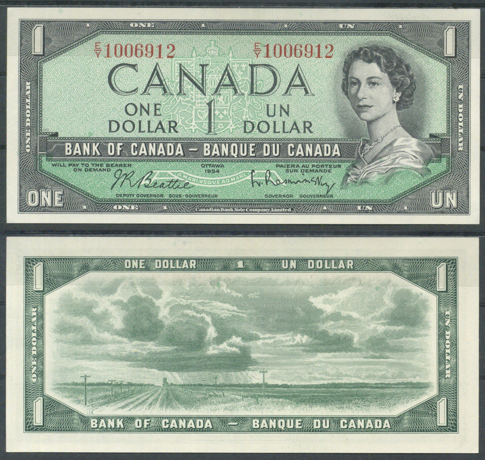 Канада 1 доллар 1954 Pick 74 b бумага aUNC 8622-13-2-2