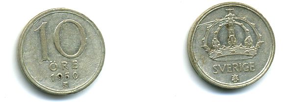 Швеция 10 эре 1950 TS, Густав V (1907-1950) KM 813 серебро 46-339