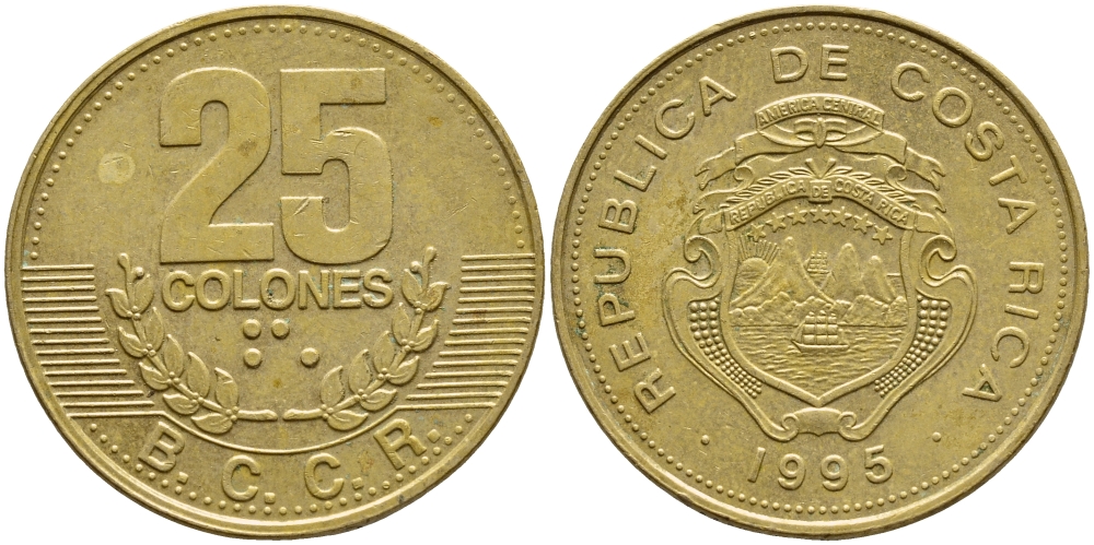 КОСТА-РИКА 25 КОЛОН 1995 B.C.C.R., ГОД ТИП KM 229 сталь плакированная латунью 57-421