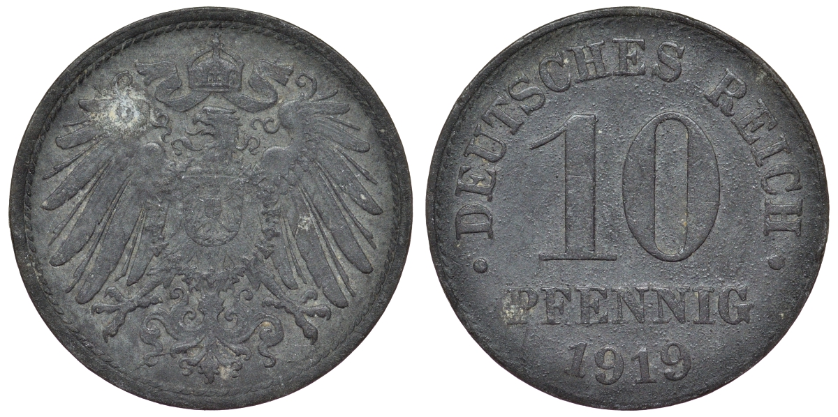 Германия 10 пфеннигов 1919 KM 26, J. 299, Weege 8 цинк 4119-331