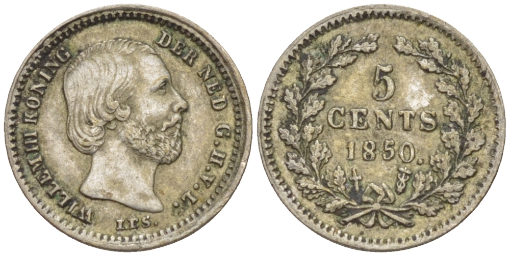 Нидерланды 5 центов 1850 Виллем III (1849-1890), точка после даты KM 91 серебро 66-1221
