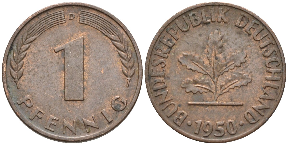 ФРГ 1 пфенниг 1950 D KM 105, J.380 сталь плакированная медью 4174-567