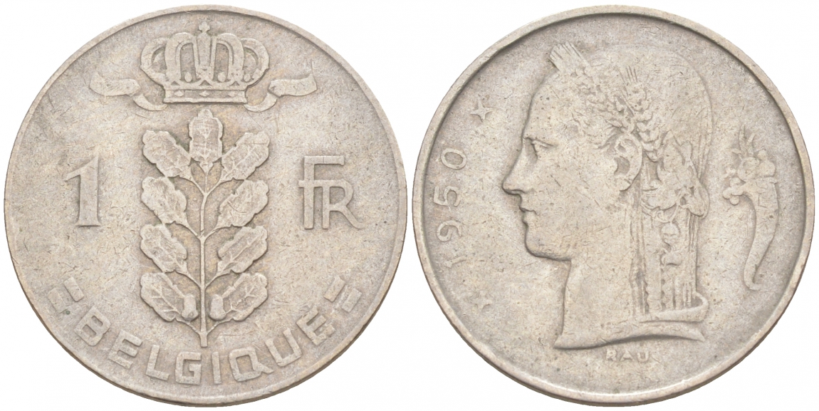 БЕЛЬГИЯ 1 ФРАНК 1950 BELGIQUE KM 142.1 медно-никель 68-332