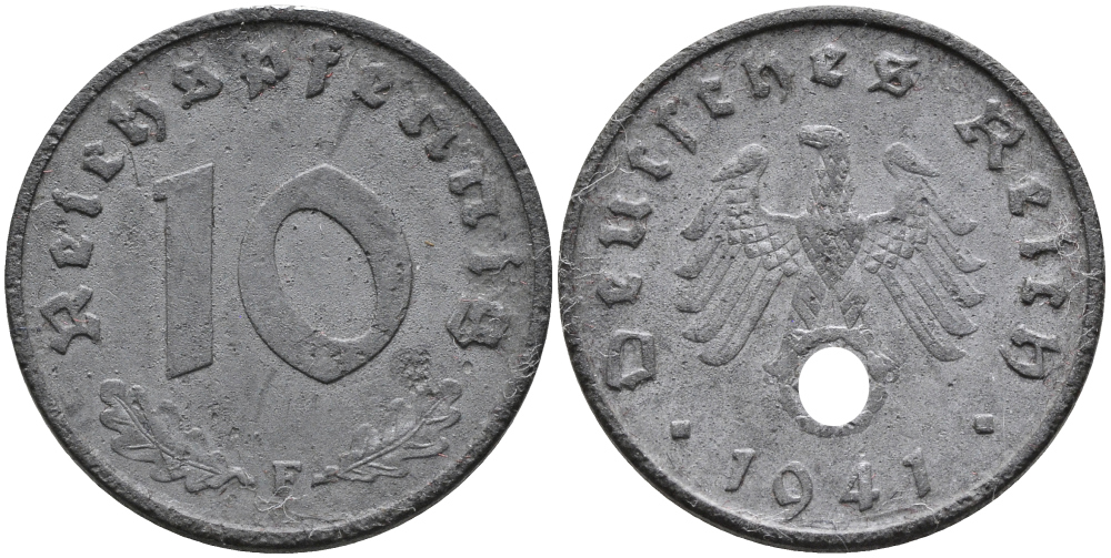 ГЕРМАНИЯ 10 РЕЙХСПФЕННИГОВ 1941 F KM 101, J.371 цинк 95-754