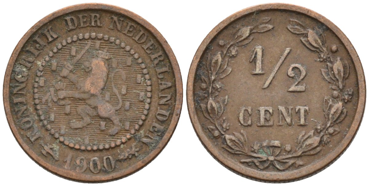Нидерланды 1/2 цента 1900 Вильгельмина (1890-1948) KM 109 бронза 4576-315