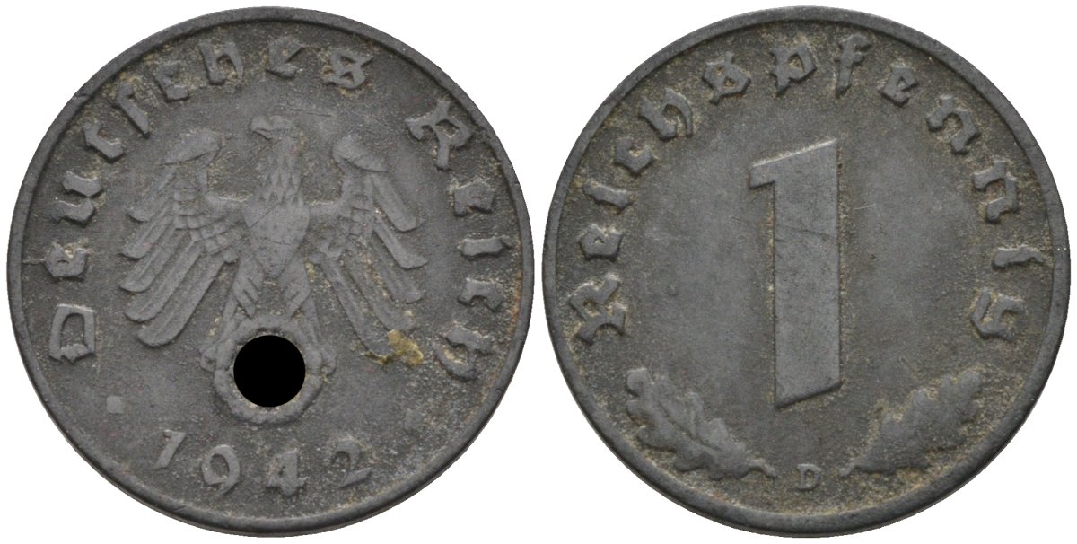 Германия 1 рейхспфенниг 1942 D, KM 97 цинк 96-322