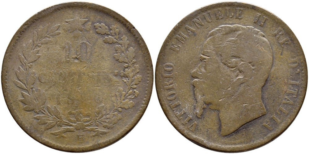 ИТАЛИЯ 10 ЧЕНТЕСИМО 1866 H, ВИКТОР ИМАНУИЛ II KM 11.3 медь 4389-1144