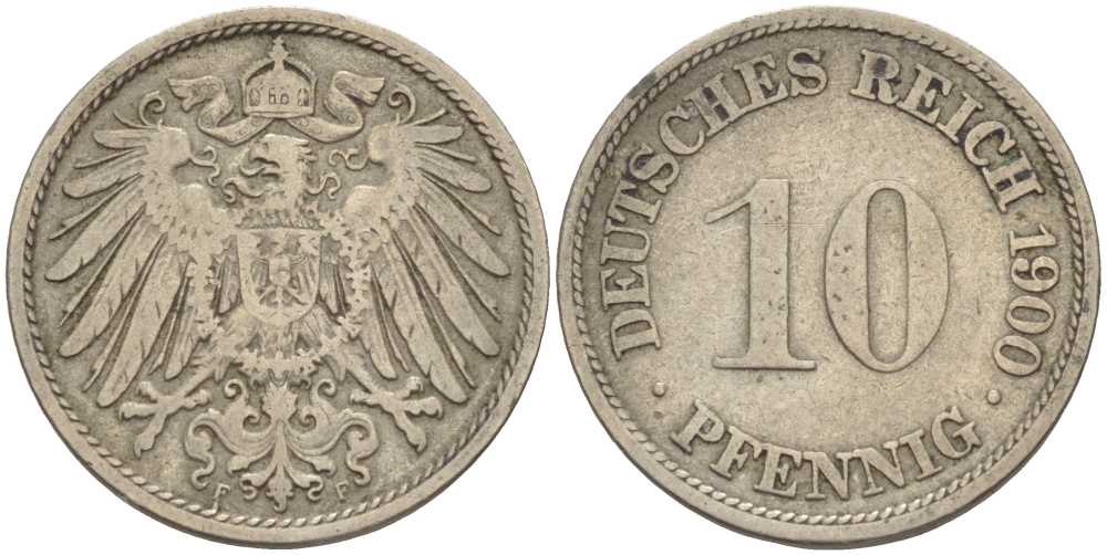 ГЕРМАНИЯ 10 ПФЕННИГОВ 1900 F KM 12, J. 13 медно-никель 4401-1127