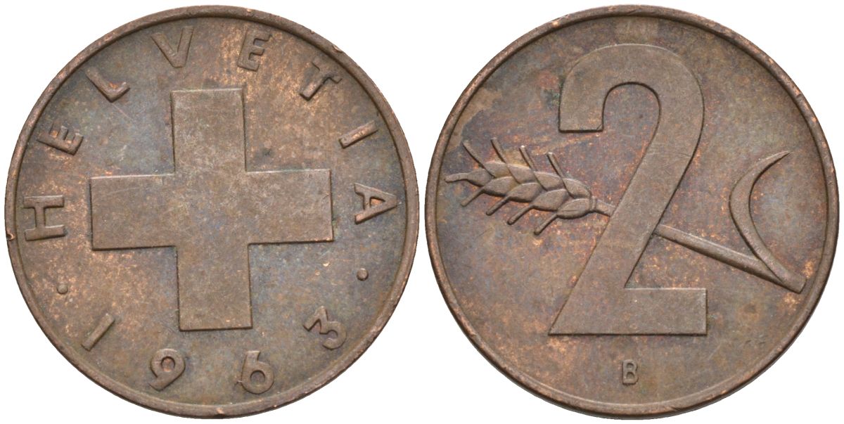 Швейцария 2 раппена 1963 В KM 47 бронза 4586-926