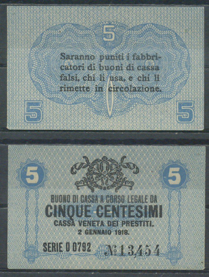 Италия 5 чентезимо 1918 	Венецианский ссудный банк Pick M1 бумага aUNC 8601-26-1-1