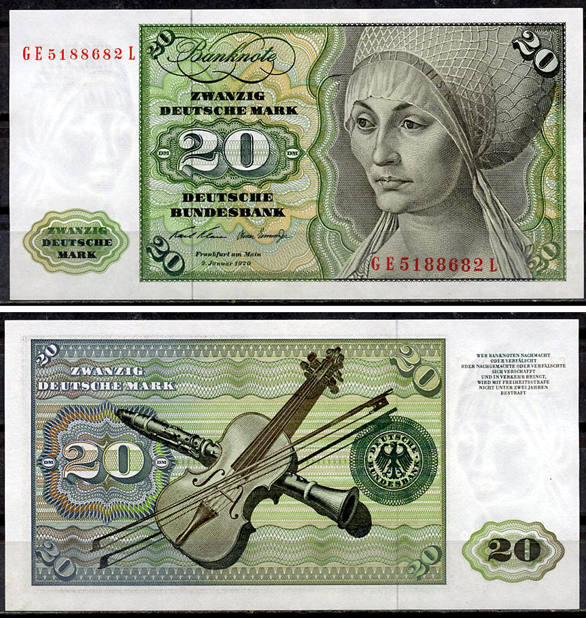 ФРГ 20 марок 1970 Эльсбет Тухер (Альбрехт Дюрер), скрипка, кларнет, буквы серии больше цифр Pick 32 a (2)  бумага  aUNC 451-916-3