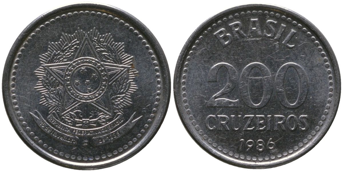 Бразилия 200 крузейро 1986 KM 596, Schon 105 нержавеющая сталь 4567-1026