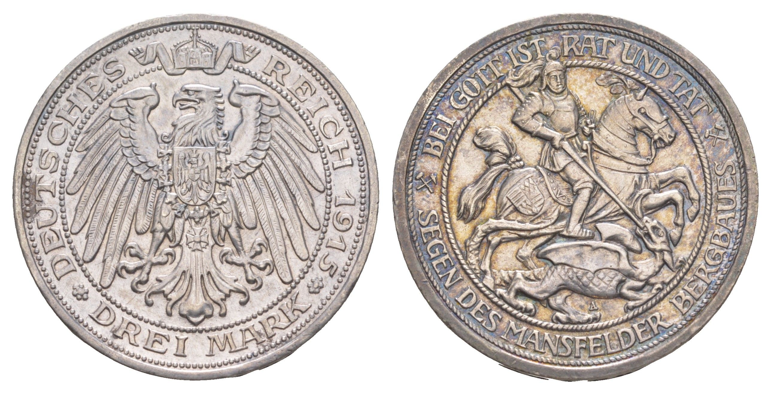 Пруссия 3 марки 1915 A, 100 лет присоединению Мансфельда, тираж 30.000 экземпляров KM 539, J. 115 серебро 00-821-38