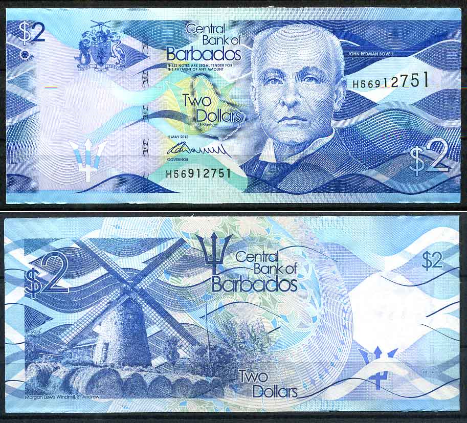 Барбадос 2 доллара 2013 Джон Редман Бовел, ветряная мельница Pick 73 бумага UNC (пресс)   447-8-1