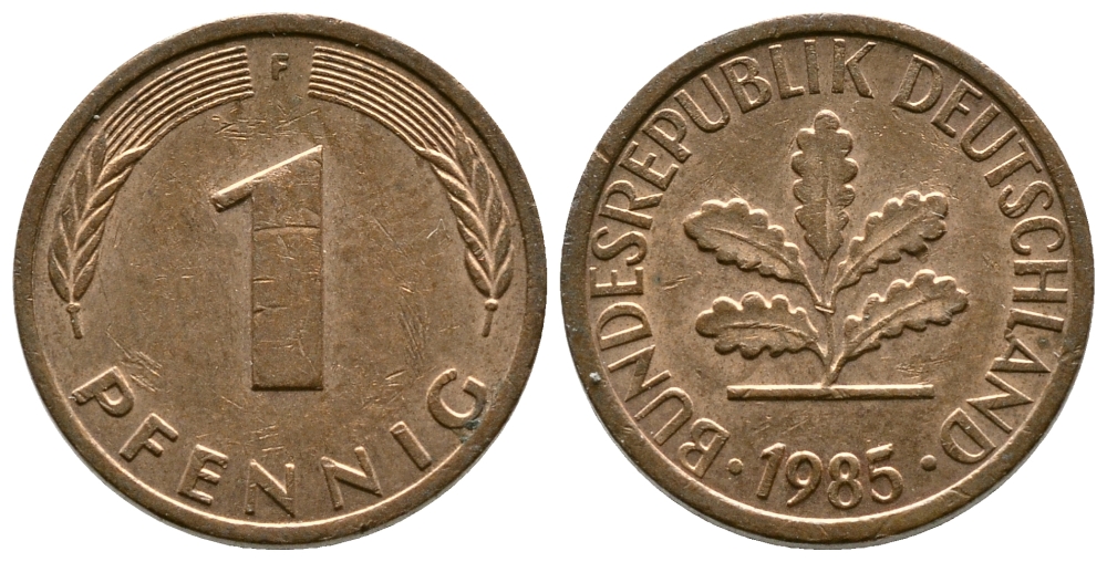 ФРГ 1 ПФЕННИГ 1985 F KM 105, J.380 сталь плакированная медью 179-1016