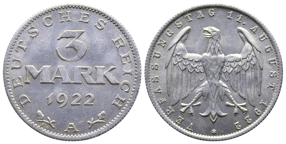 Германия 3 марки 1922 А, третья годовщина Веймарской Конституции KM 29, J. 303 алюминий 4380-735