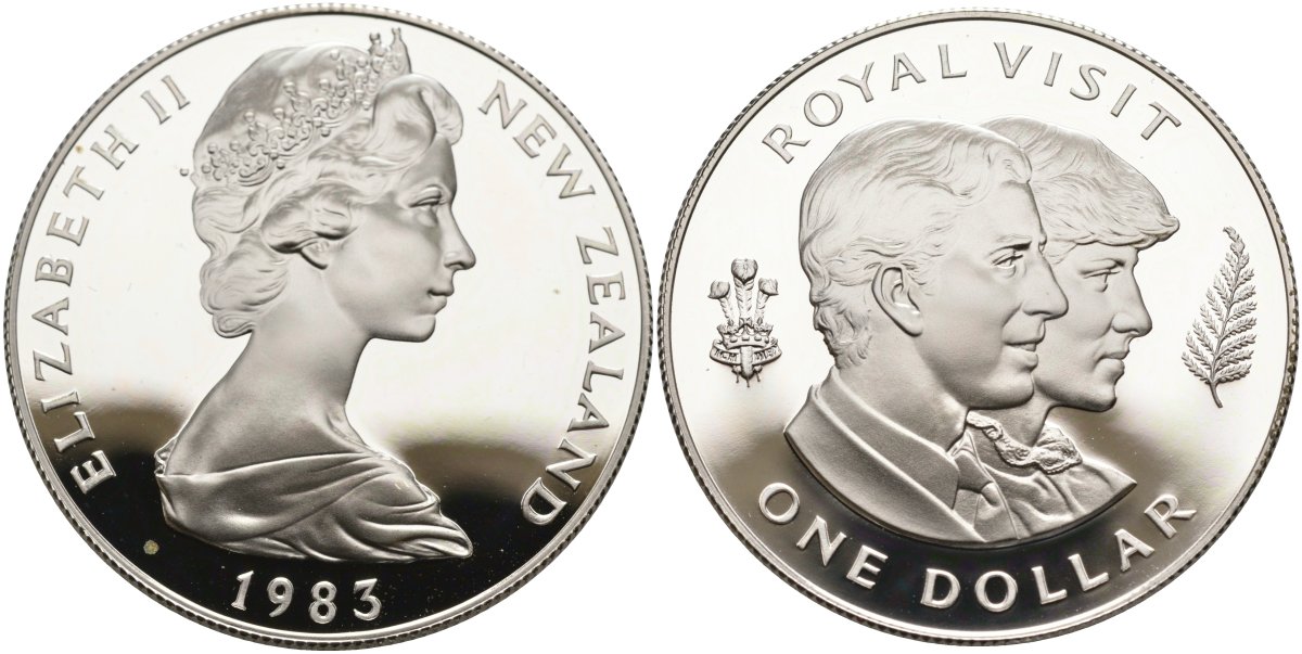 Новая Зеландия 1 доллар 1983 королевский визит, принц Чарльз и леди Диана, Елизавета II (1952-2022), в оригинальной коробке, сертификат KM 52а серебро PROOF 3-4-7-20