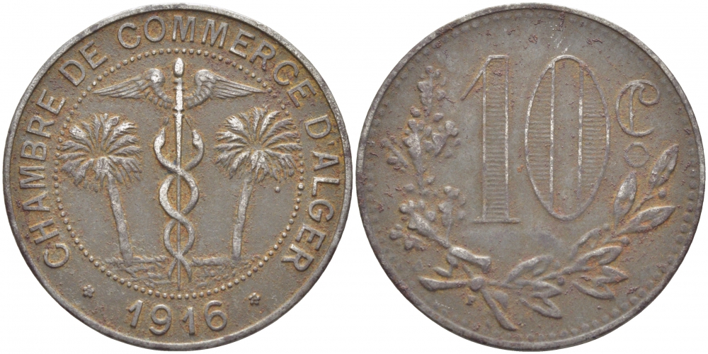 Алжир, Французская оккупация 10 сантимов 1916 Alger Chamber of Commerce KM TnA6 железо 114-925