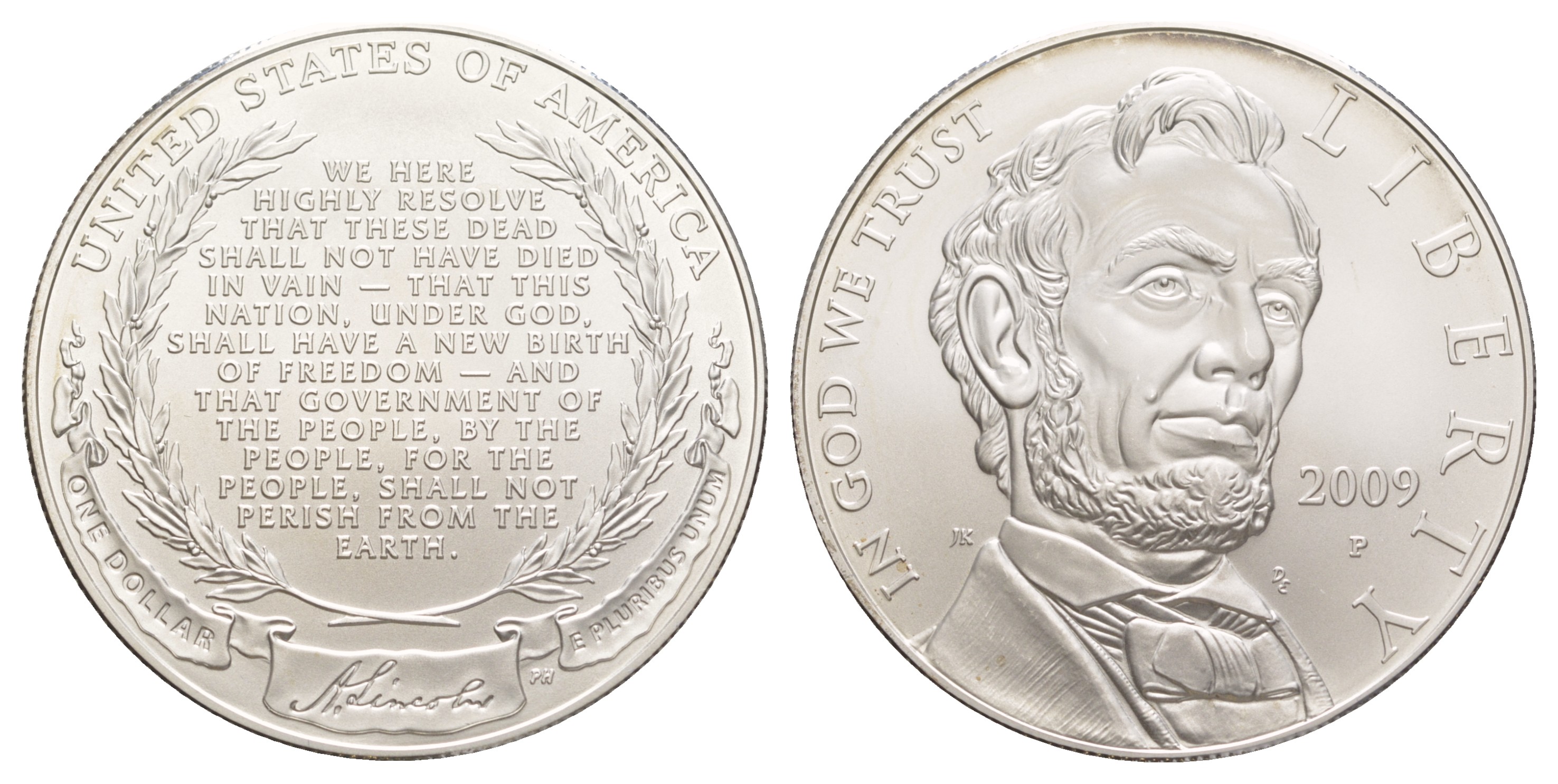 США 1 доллар 2009 P, 200 лет со дня рождения Авраама Линкольна KM 454 серебро  UNC  1079-5-62