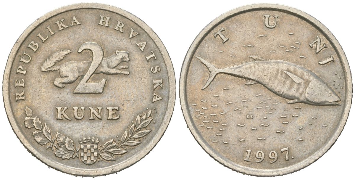 Хорватия 2 куна 1997 тунец, легенда на хорватском, самый редкий год выпуска KM 10 медь цинк никель 4448-1155