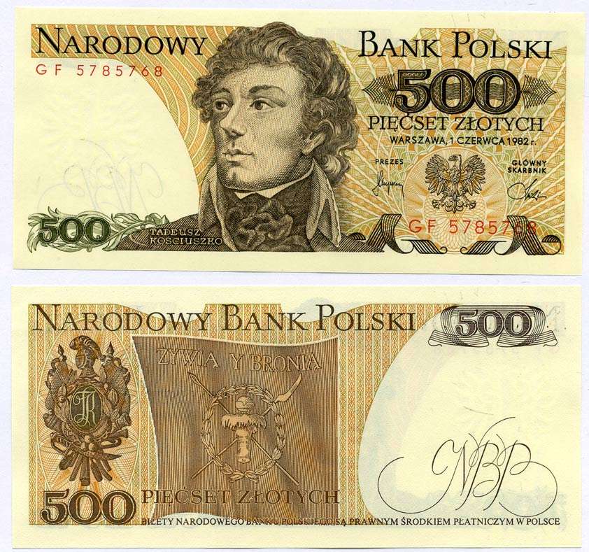 Польша 500 злотых 1982 Тадеуш Костюшко Pick 145 d бумага UNC (пресс) 6262-29-3-1