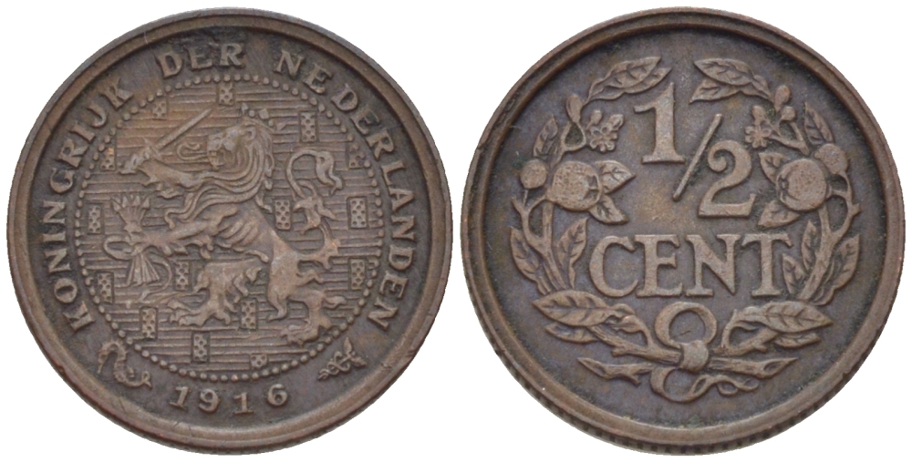 НИДЕРЛАНДЫ 1/2 ЦЕНТА 1916 ВИЛЬГЕЛЬМИНА (1890-1948) KM 138 бронза 39-212
