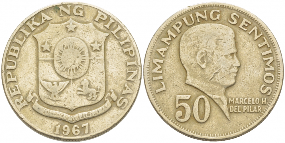 ФИЛИППИНЫ 50 СЕНТИМО 1967 МАРЧЕЛО ПИЛАР KM 200 медь цинк никель 77-712