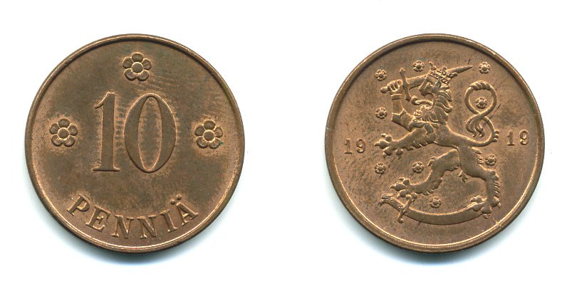 Финляндия 10 пенни 1919 KM 24 медь 37-241