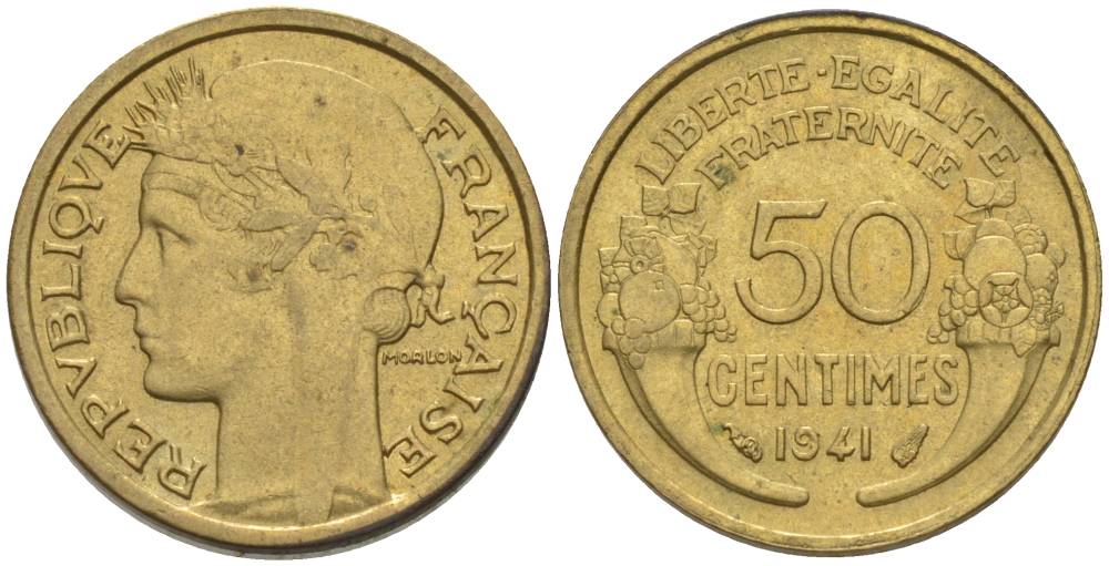 ФРАНЦИЯ 50 САНТИМОВ 1941 ТИП MORLON KM 894.1, LE FRANC 192.18 алюминиевая бронза 44-613