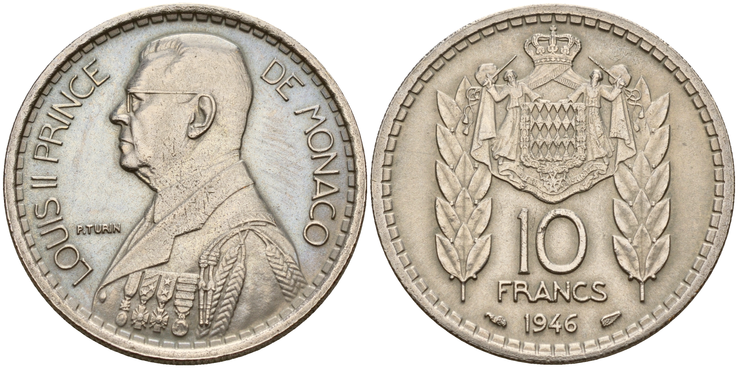 Монако 10 франков 1946 Луи II (1922-1949) KM 123 медно-никель  aUNC 4595-225