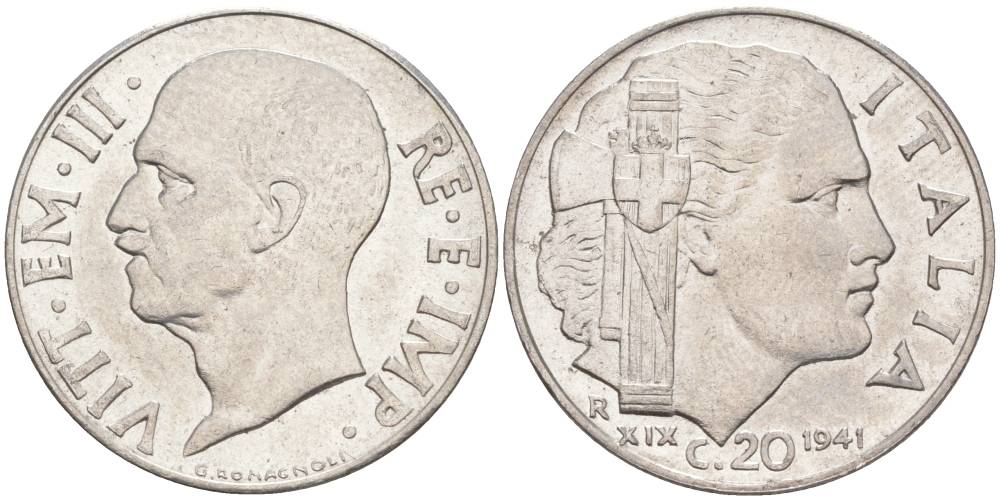 ИТАЛИЯ 20 ЧЕНТЕЗИМО 1941 R, ГОД XIX, ВИКТОР ЭММАНУИЛ III (1900-1946) KM 75b, VEM3. 1028 нержавеющая сталь 3853-1034