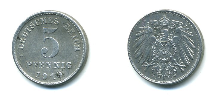 ГЕРМАНИЯ 5 ПФЕННИГОВ 1919 J KM 19 железо 23-732