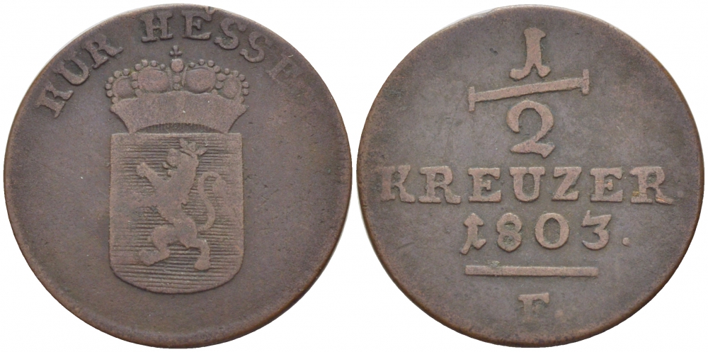 Гессен-Кассель 1/2 крейцера 1803 F, Вильгельм I (1803-1806) KM 558, Hoffmeister 2753 медь 175-1052